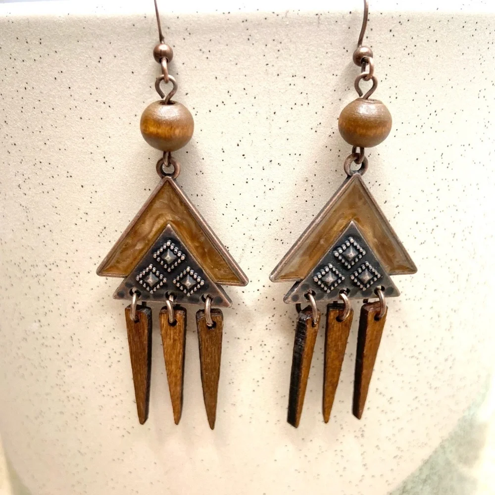 Boho hippie southwestern triangle geometric wood spikes dangle earrings